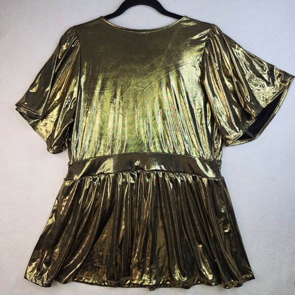 Torrid 1X Liquid Shine Gold Surplice Peplum Top Metallic NYE Holiday Party New - Picture 3 of 8